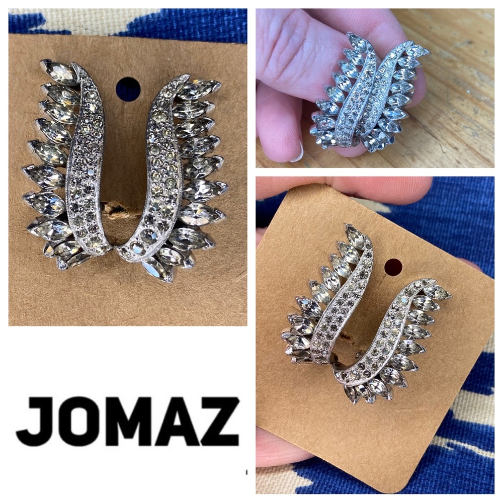 Vintage Signed Jomaz Silvertone Rhinestone Wing Clip Earrings